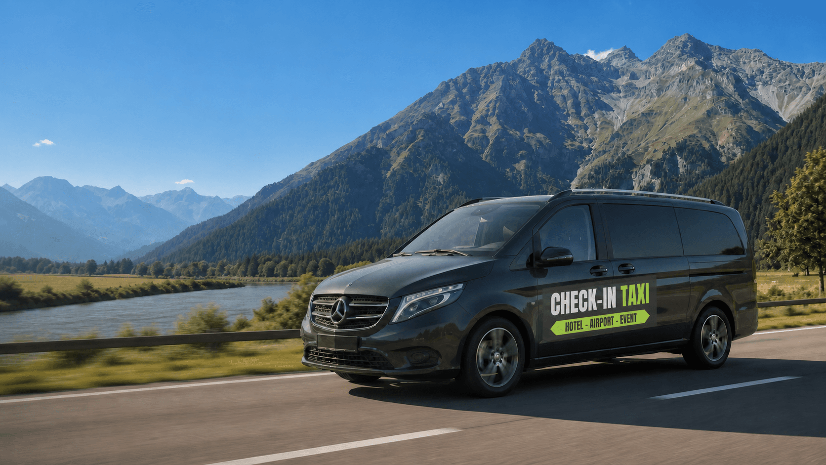 Anthracite Check-in Taxi Mercedes Vito in front of the Pfunds mountain scenery